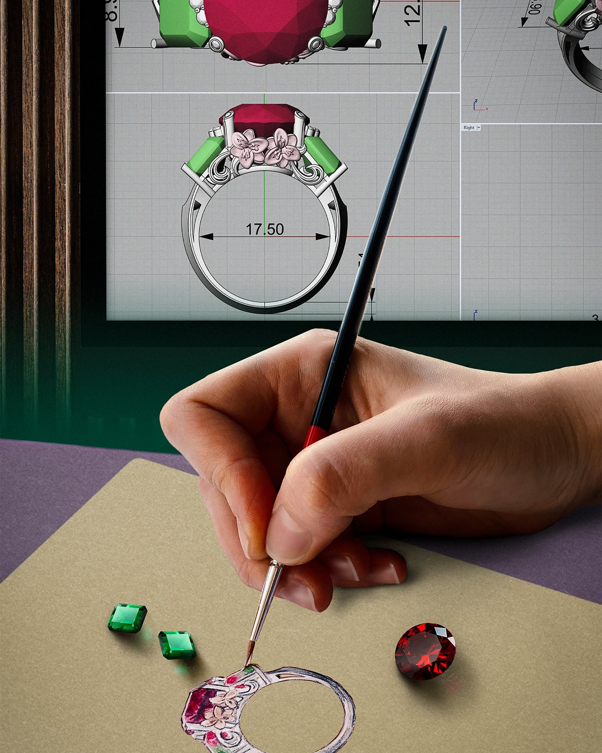 A hand drawing a ring design beside its CAD render, with loose emerald and ruby stones